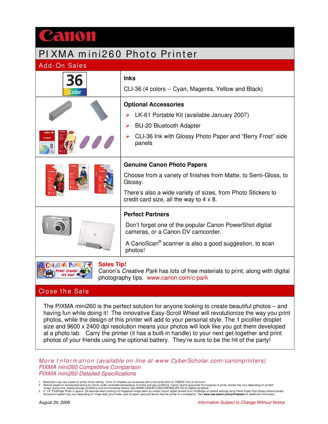 Canon MINI260 manual Add-On Sales, Close the Sale, Inks, Genuine Canon Photo Papers, Perfect Partners 