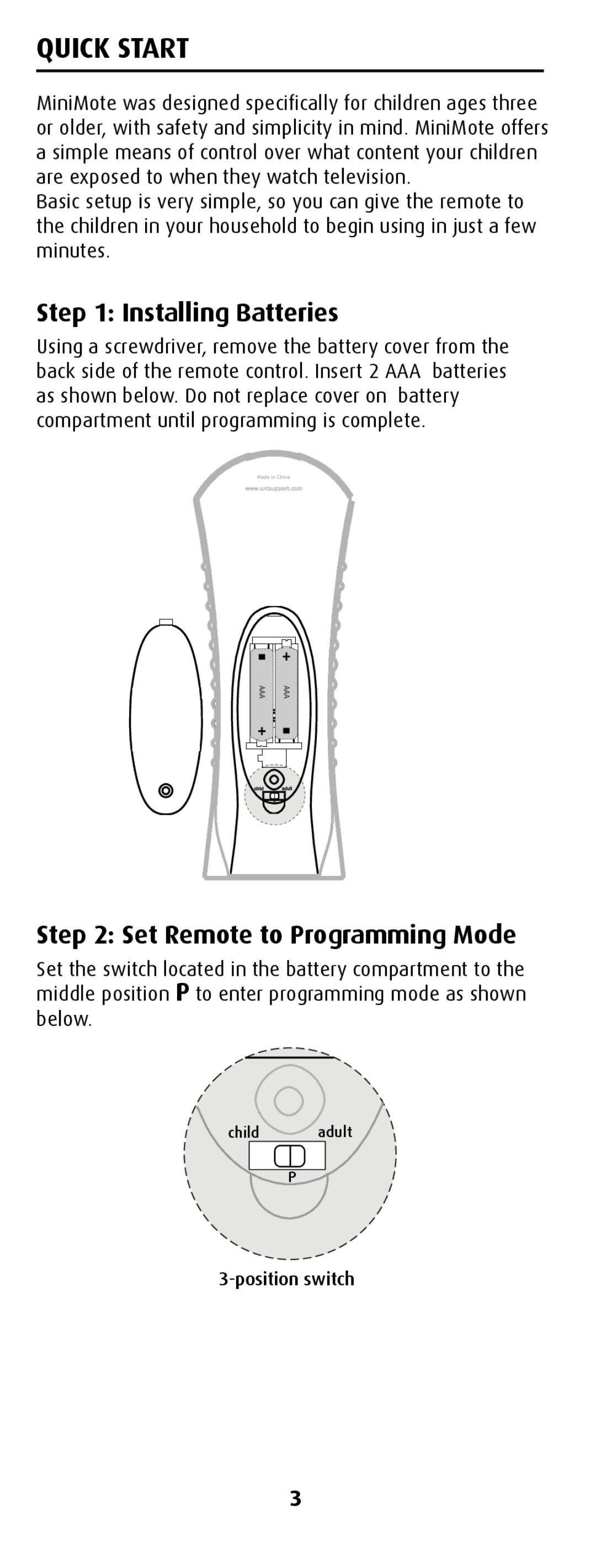 Canon MiniMote manual Quick Start, Installing Batteries, Set Remote to Programming Mode 