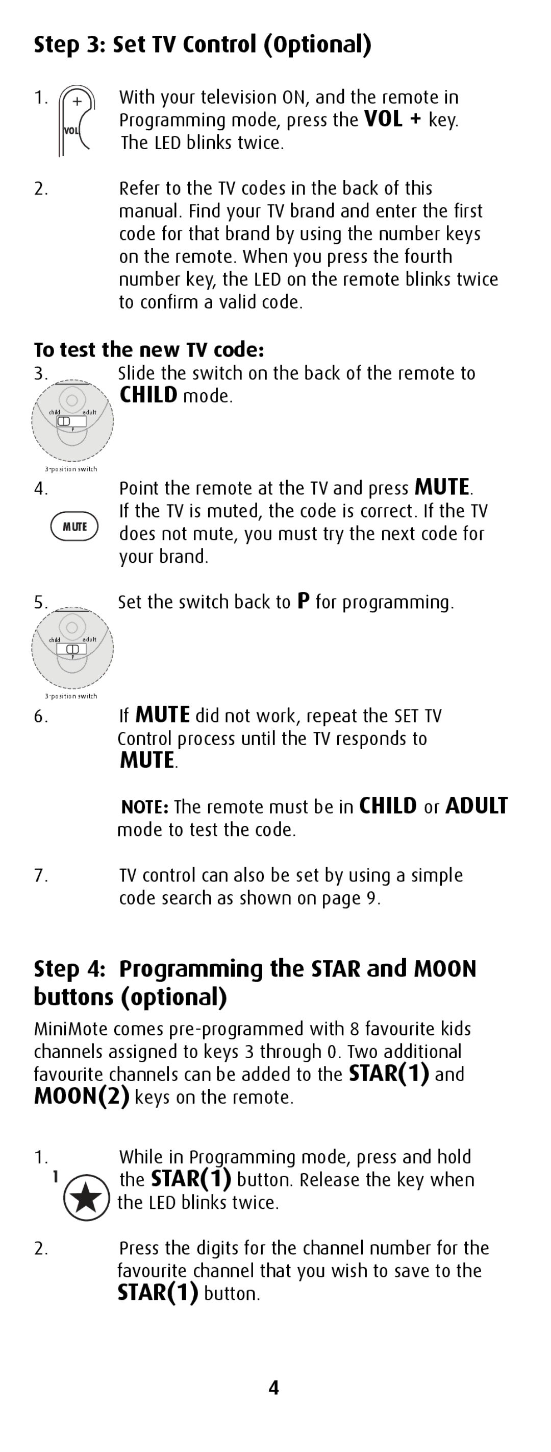 Canon MiniMote manual Set TV Control Optional, Child mode, Programming the Star and Moon buttons optional 