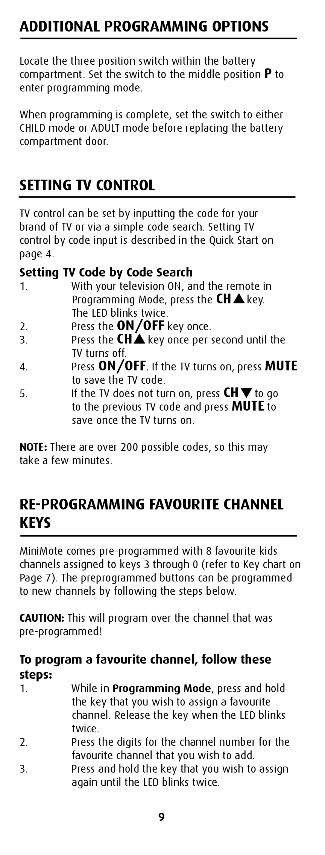 Canon MiniMote manual Additional Programming Options, Setting TV Control, RE-PROGRAMMING Favourite Channel Keys 