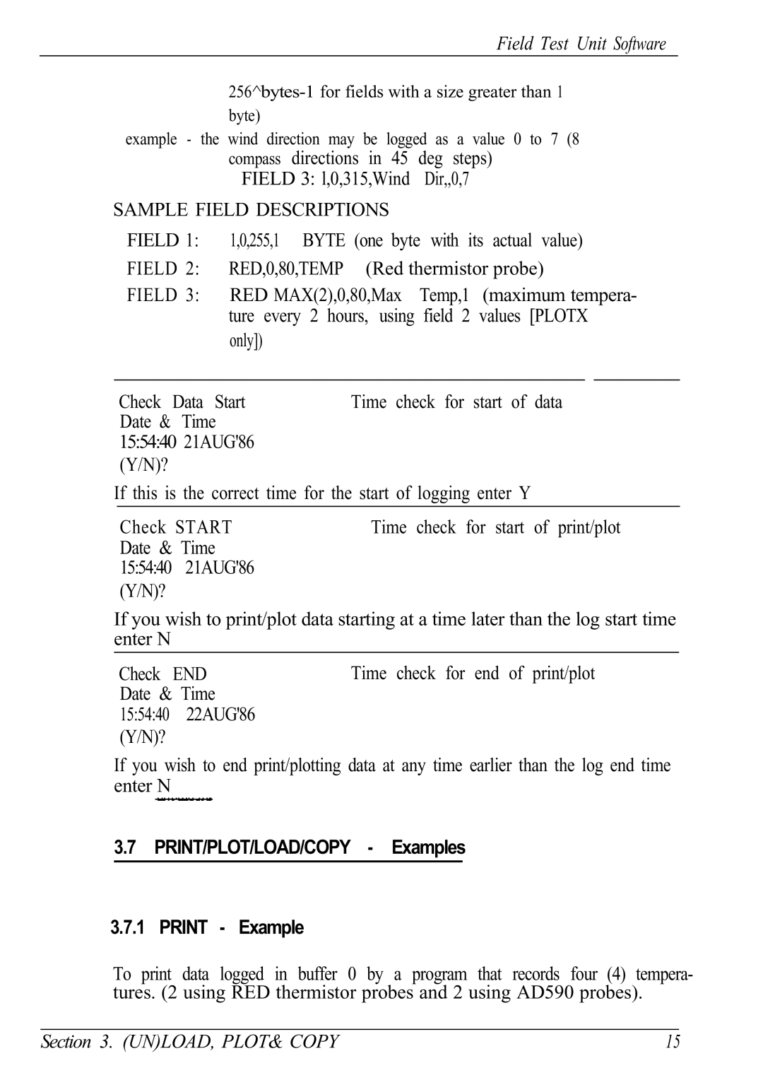 Canon Model 6401 B manual Sample Field Descriptions, Start, PRINT/PLOT/LOAD/COPY Examples Print Example 