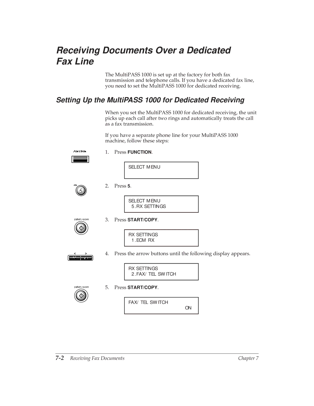 Canon MP 1000 manual Receiving Documents Over a Dedicated Fax Line, Setting Up the MultiPASS 1000 for Dedicated Receiving 