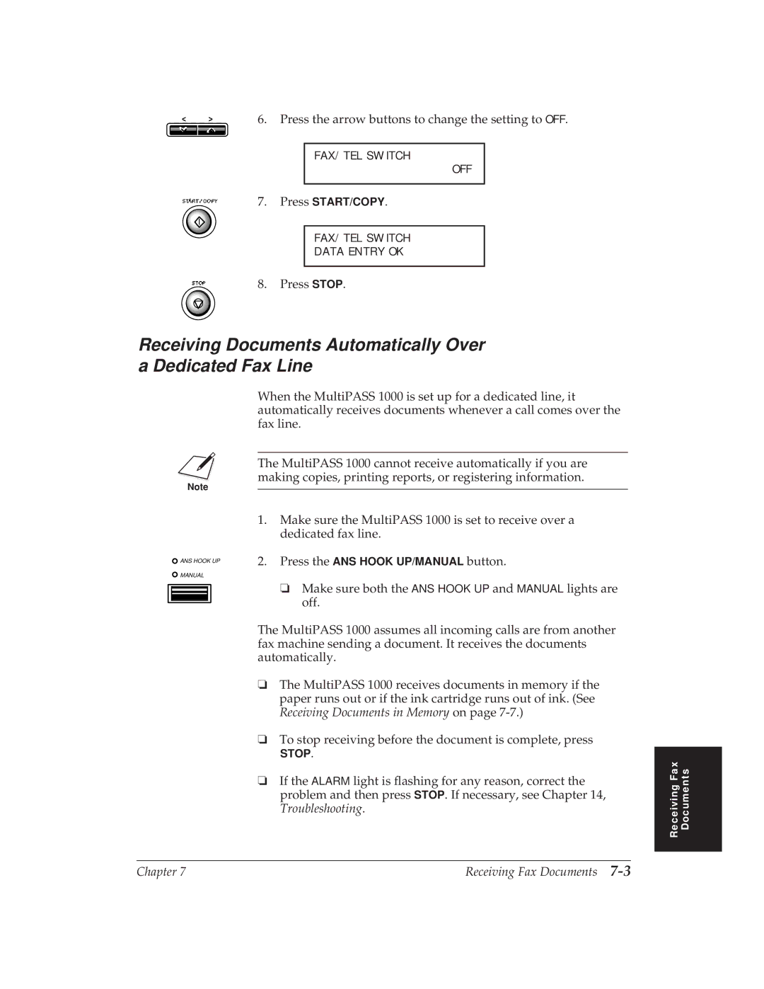 Canon MP 1000 manual Receiving Documents Automatically Over a Dedicated Fax Line 