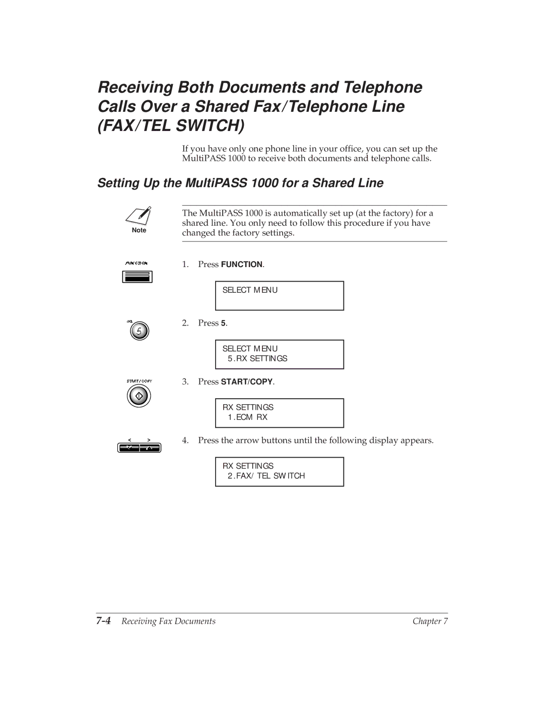 Canon MP 1000 manual Setting Up the MultiPASS 1000 for a Shared Line, 4Receiving Fax Documents 