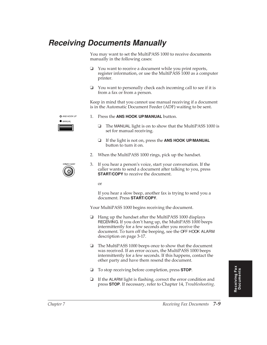 Canon MP 1000 manual Receiving Documents Manually 