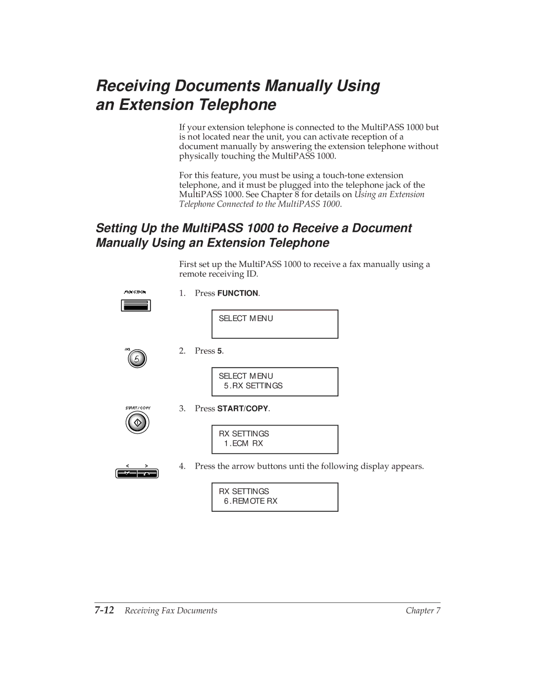 Canon MP 1000 manual Receiving Documents Manually Using an Extension Telephone, 12Receiving Fax Documents 