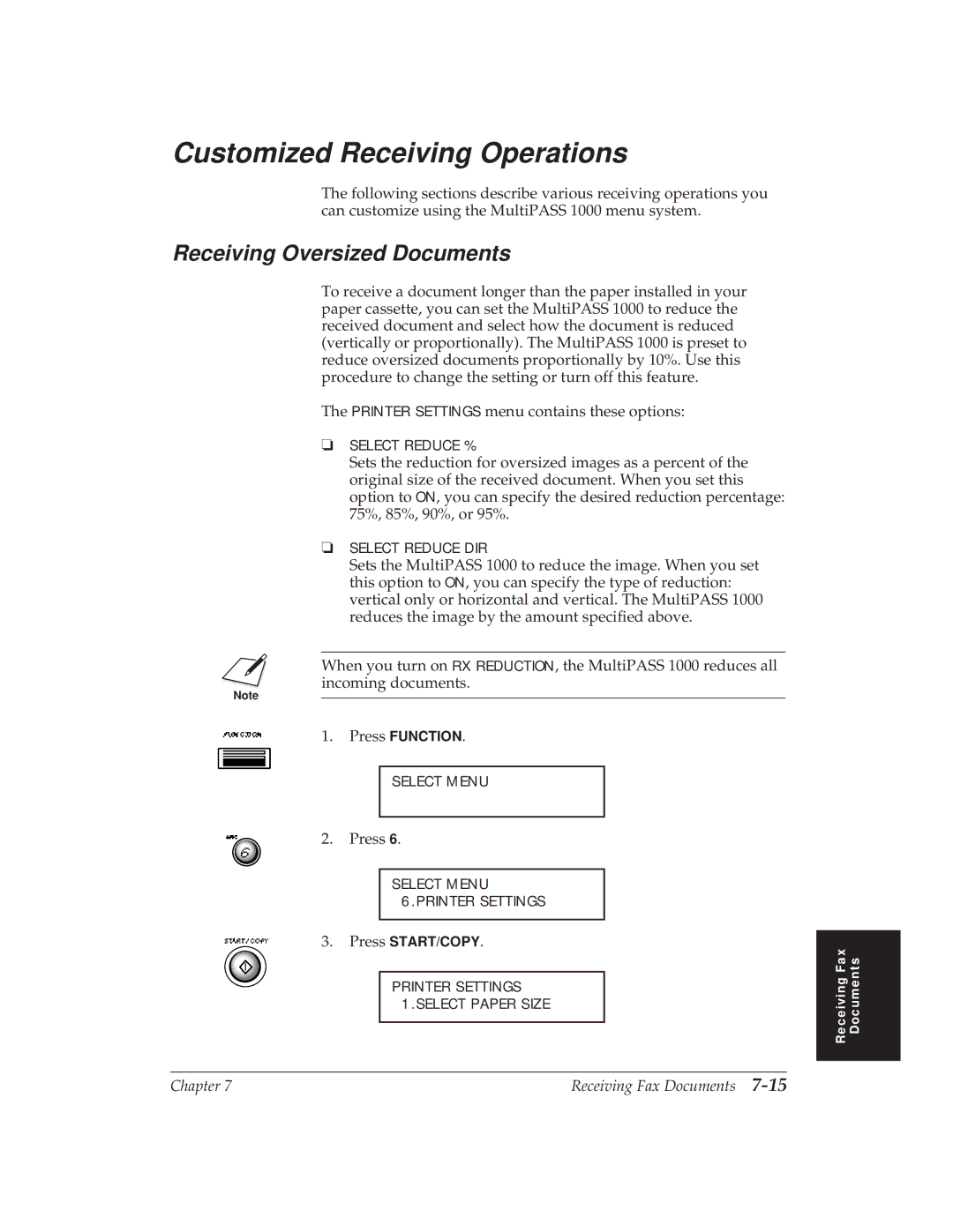 Canon MP 1000 manual Customized Receiving Operations, Receiving Oversized Documents 