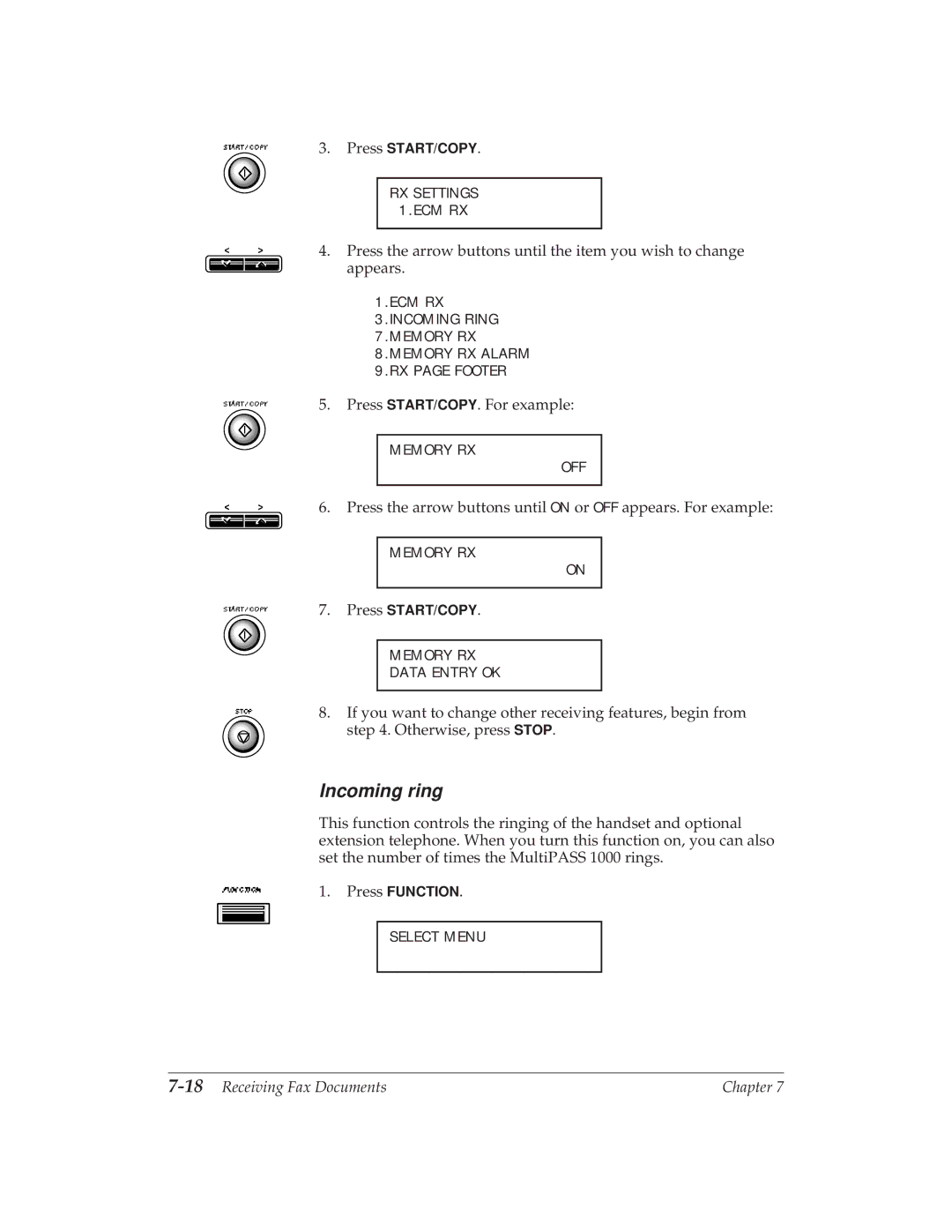 Canon MP 1000 manual Incoming ring, 18Receiving Fax Documents 