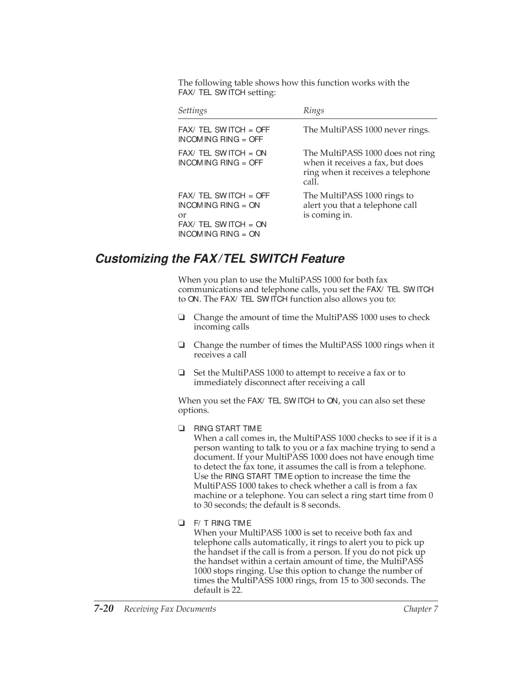 Canon MP 1000 manual Customizing the FAX/TEL Switch Feature, 20Receiving Fax Documents 