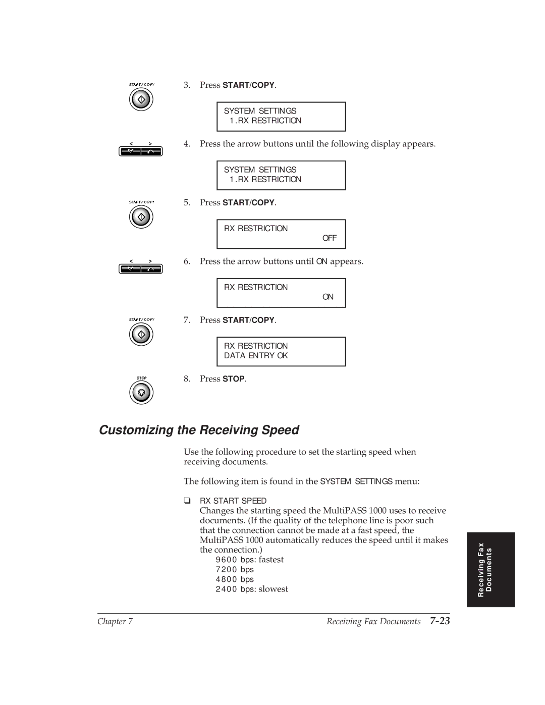 Canon MP 1000 manual Customizing the Receiving Speed 