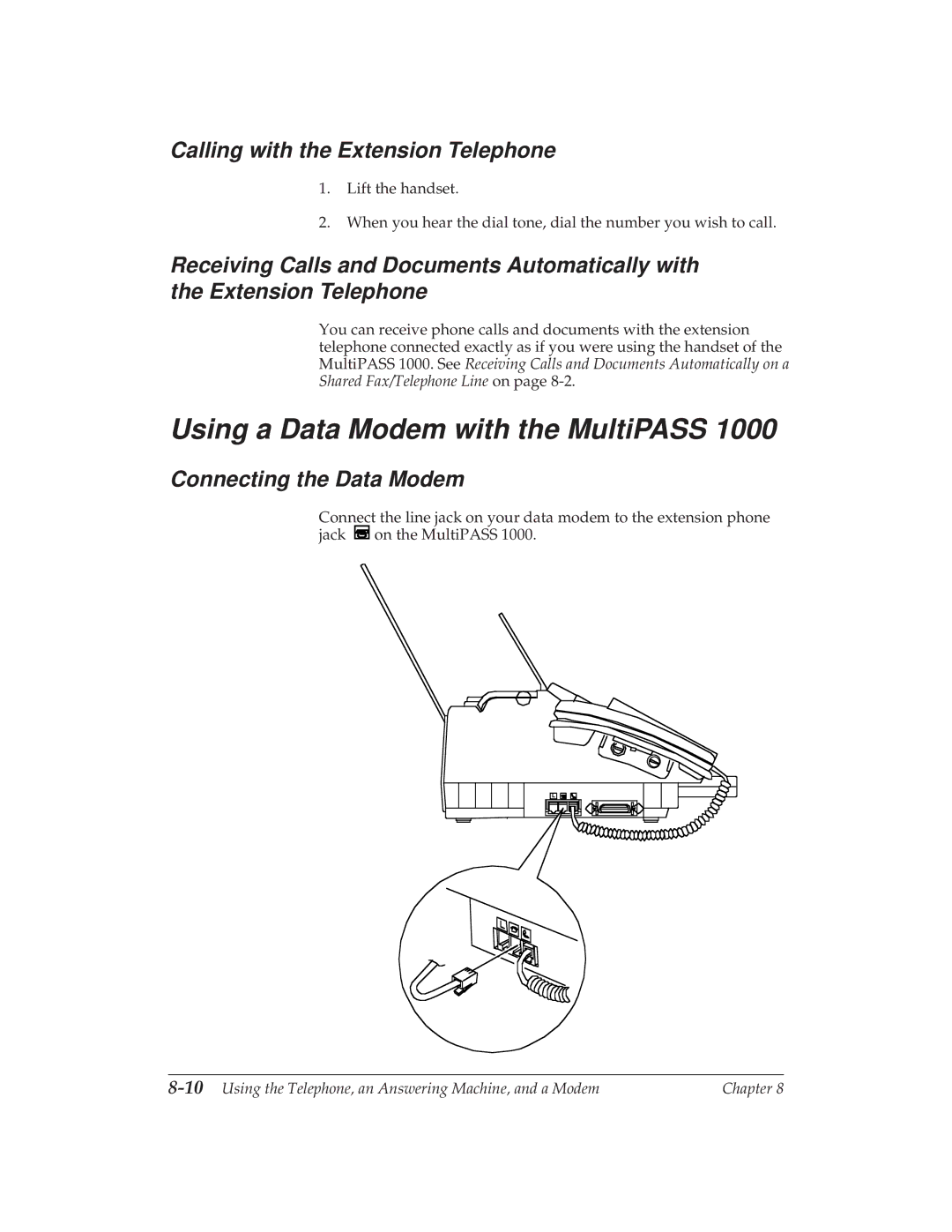 Canon MP 1000 manual Using a Data Modem with the MultiPASS, Calling with the Extension Telephone, Connecting the Data Modem 