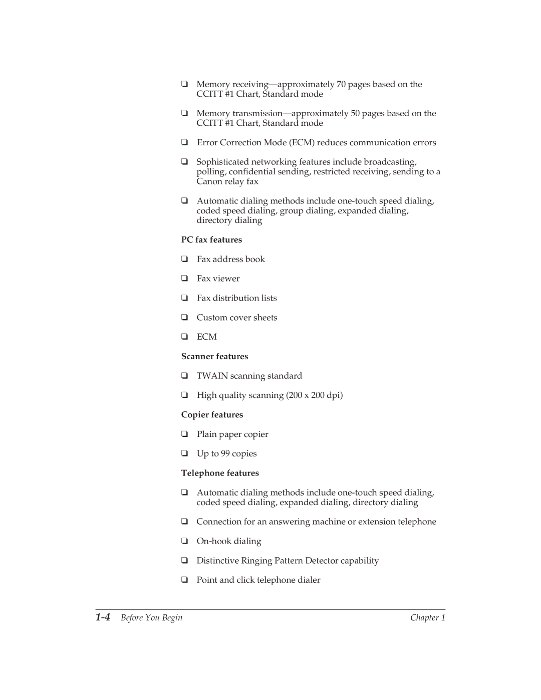 Canon MP 1000 manual PC fax features, Scanner features, Copier features, Telephone features, 4Before You Begin 