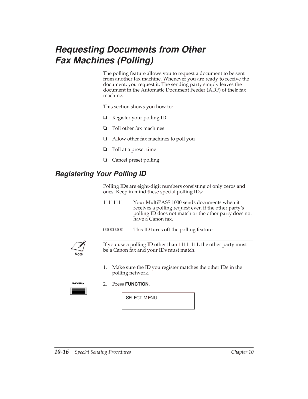 Canon MP 1000 manual Requesting Documents from Other Fax Machines Polling, Registering Your Polling ID 