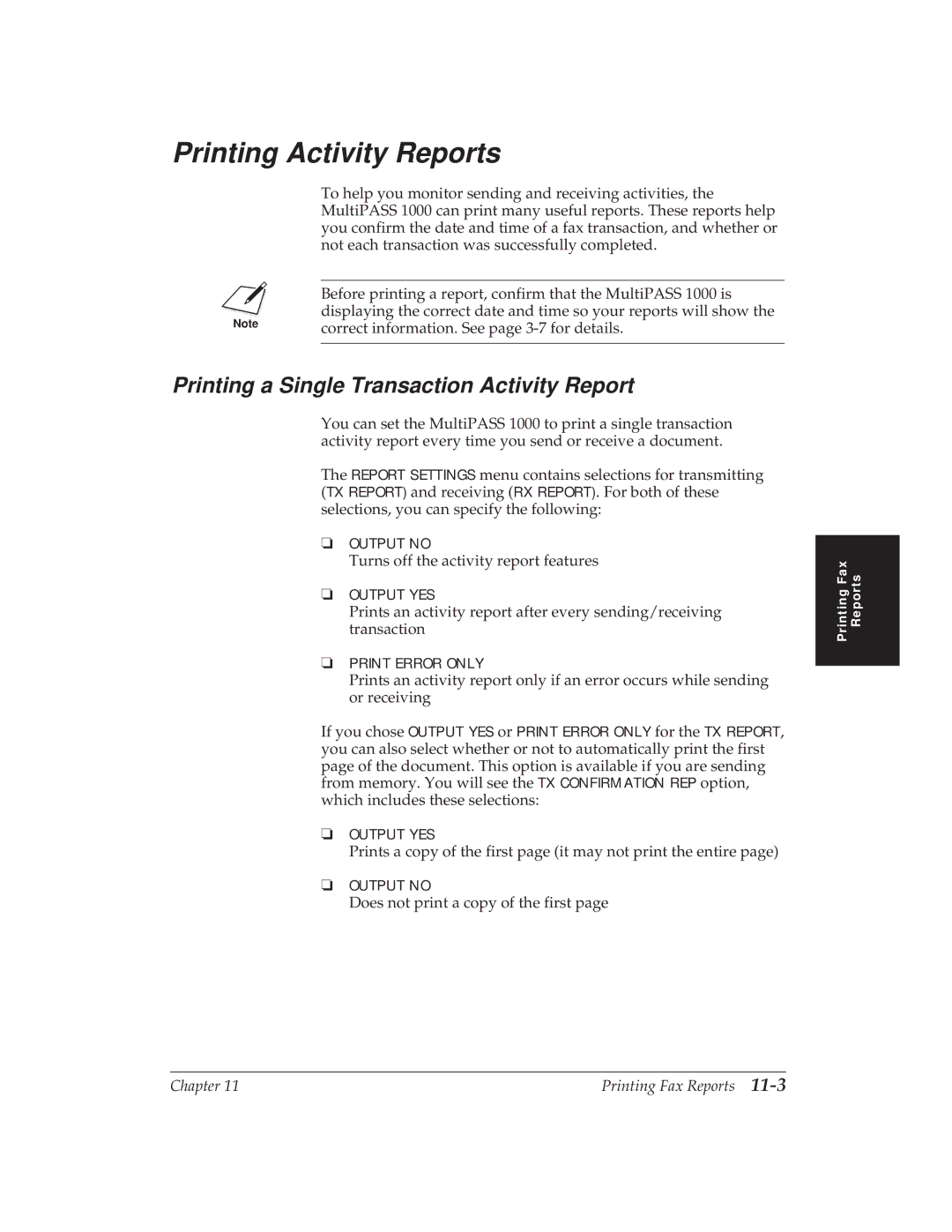 Canon MP 1000 manual Printing Activity Reports, Printing a Single Transaction Activity Report 