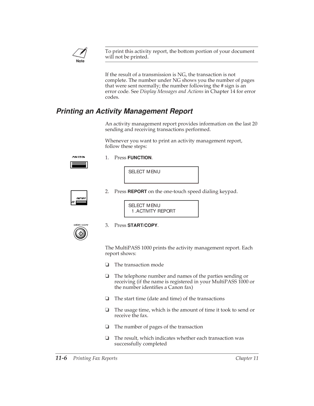 Canon MP 1000 manual Printing an Activity Management Report, 11-6Printing Fax Reports 