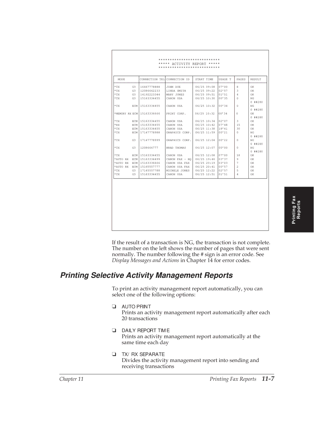 Canon MP 1000 manual Printing Selective Activity Management Reports, Activity Report 