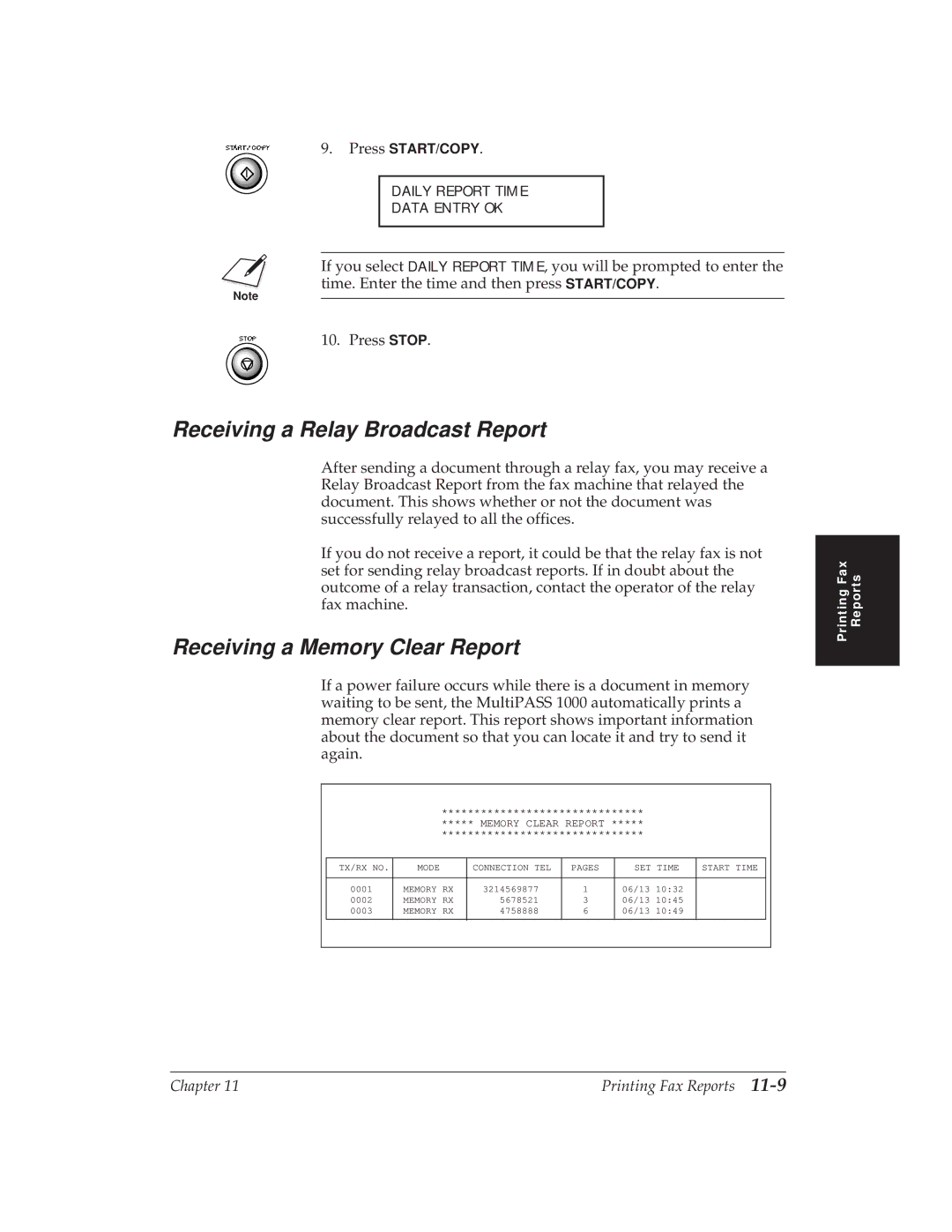 Canon MP 1000 manual Receiving a Relay Broadcast Report, Receiving a Memory Clear Report 