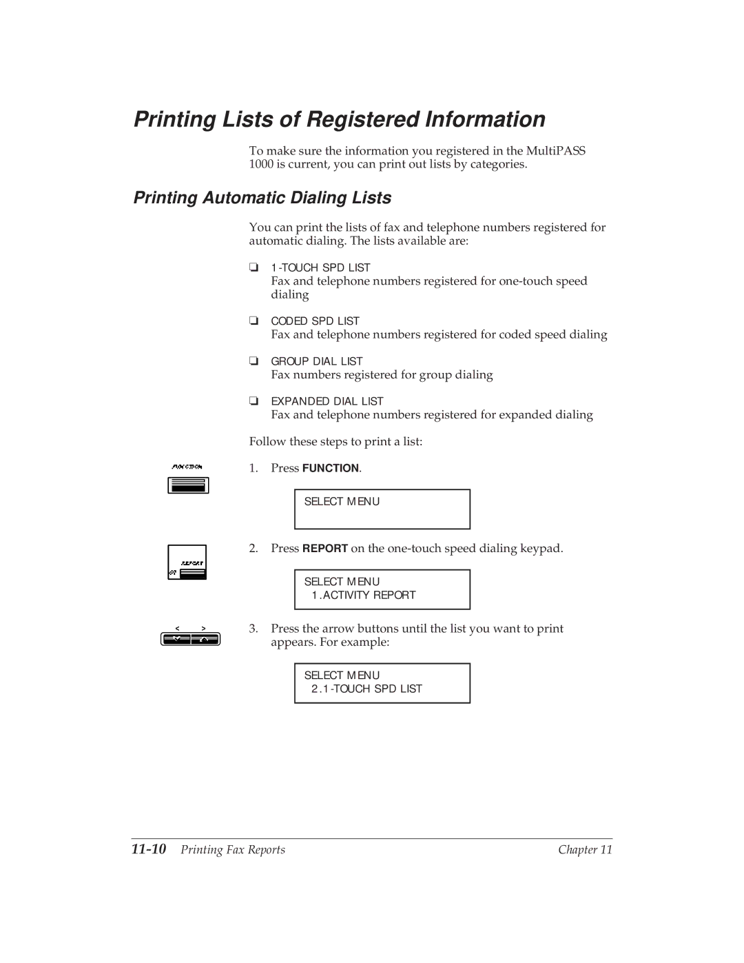 Canon MP 1000 manual Printing Lists of Registered Information, Printing Automatic Dialing Lists, 11-10Printing Fax Reports 