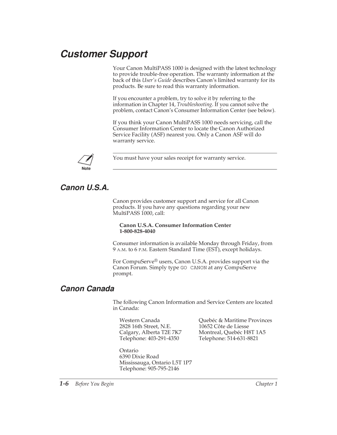 Canon MP 1000 manual Customer Support, Canon Canada, Canon U.S.A. Consumer Information Center, 6Before You Begin 