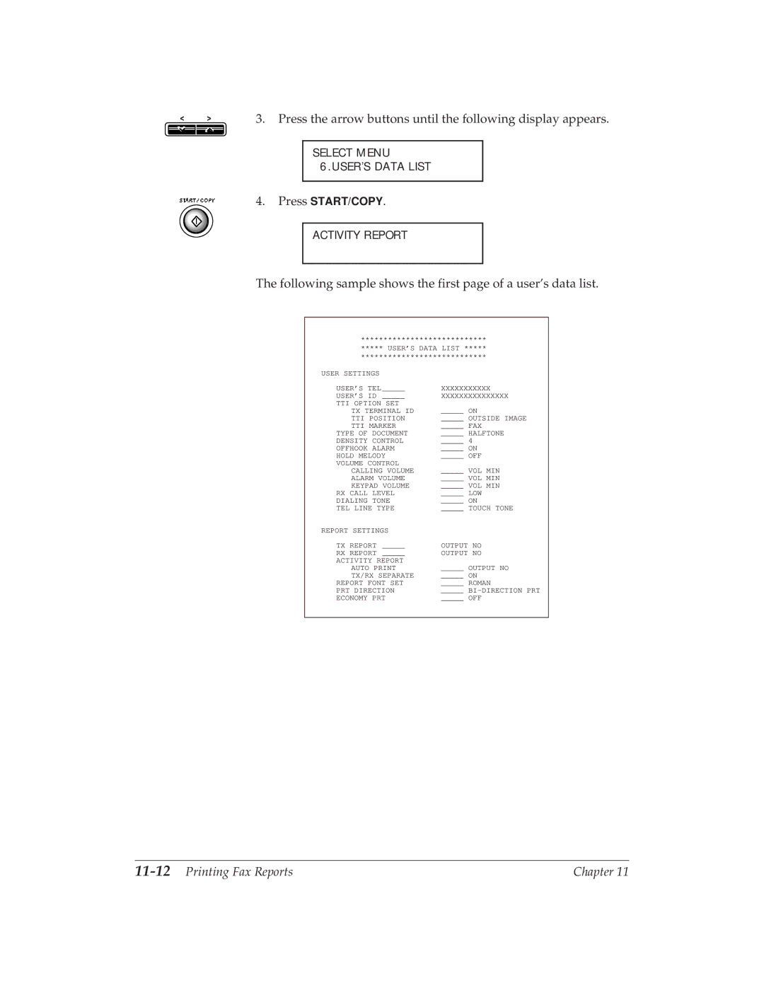 Canon MP 1000 manual Following sample shows the first page of a user’s data list, 11-12Printing Fax Reports 