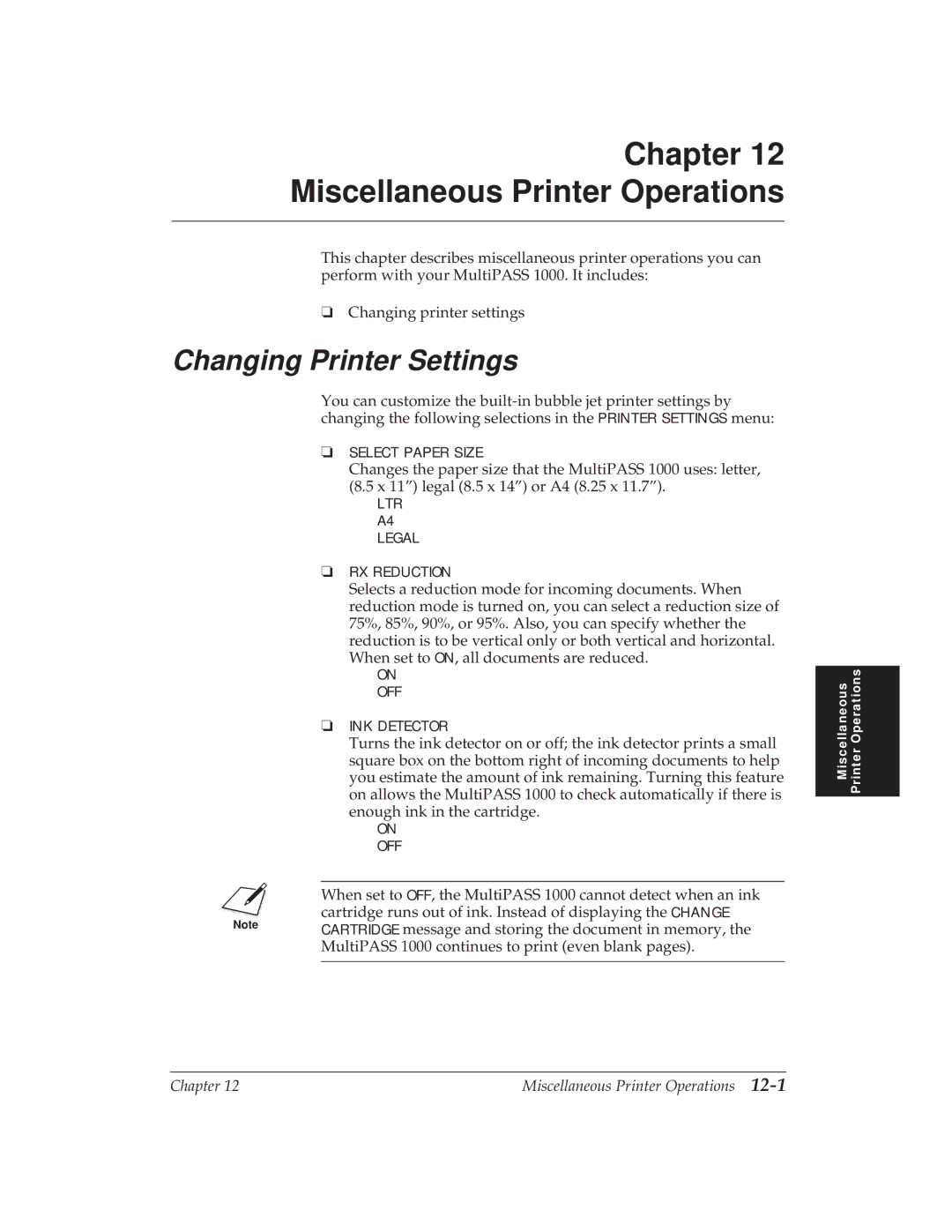 Canon MP 1000 manual Miscellaneous Printer Operations, Changing Printer Settings 