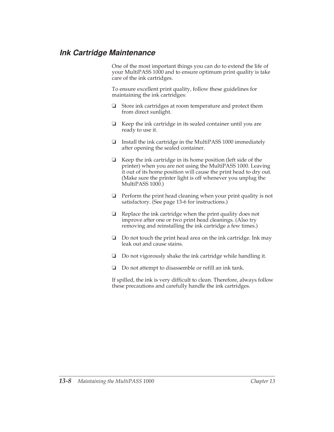 Canon MP 1000 manual Ink Cartridge Maintenance, 13-8Maintaining the MultiPASS 