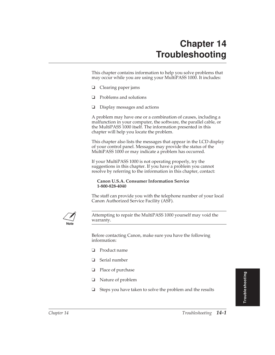 Canon MP 1000 manual Chapter Troubleshooting, Canon U.S.A. Consumer Information Service 