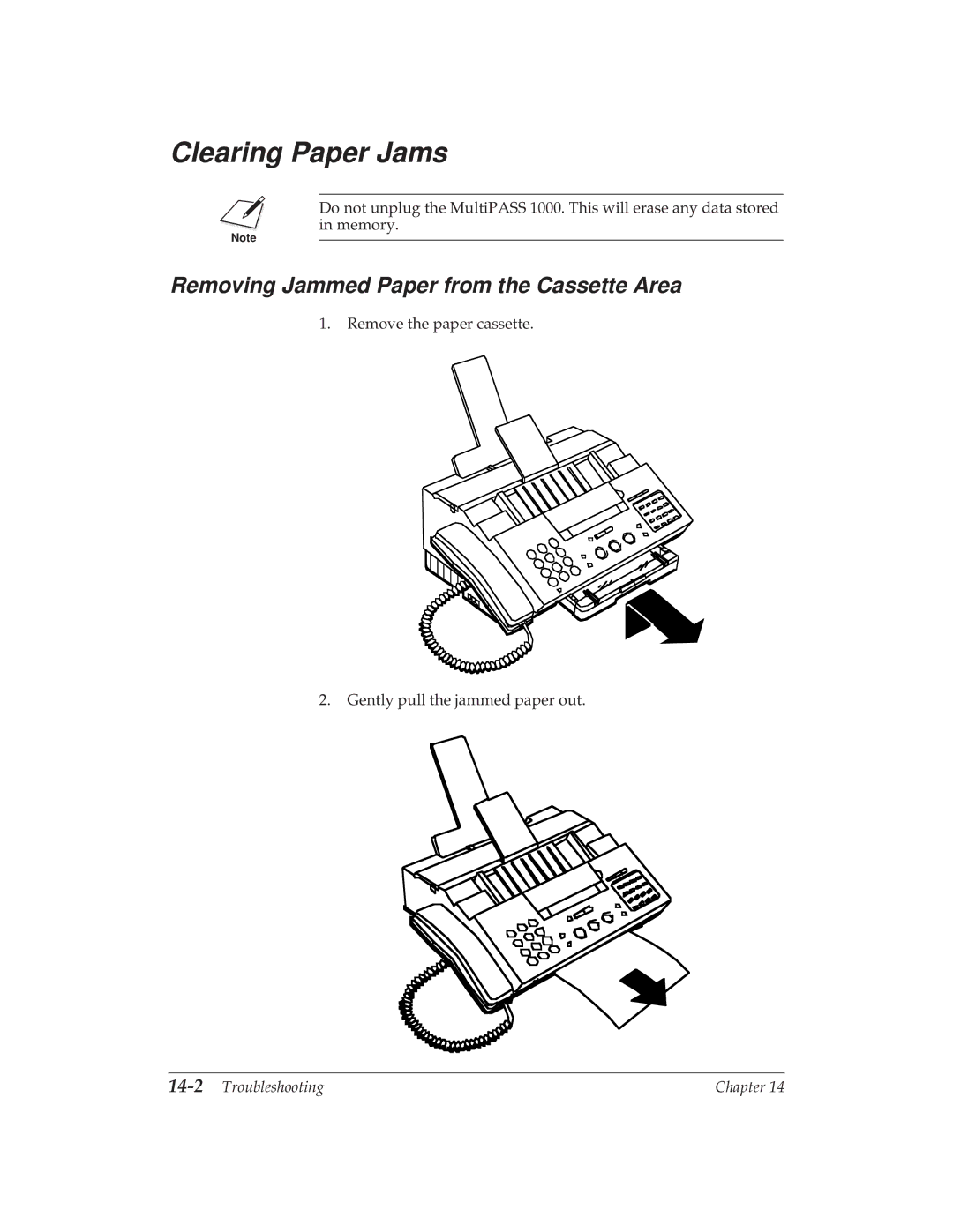 Canon MP 1000 manual Clearing Paper Jams, Removing Jammed Paper from the Cassette Area, 14-2Troubleshooting 