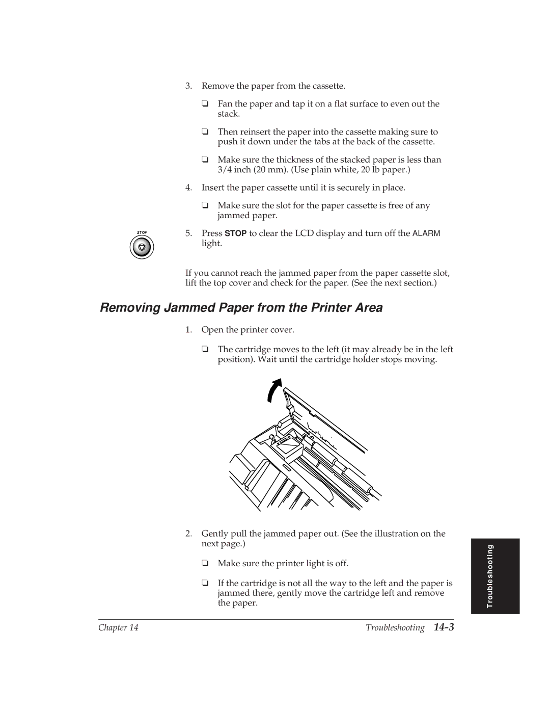 Canon MP 1000 manual Removing Jammed Paper from the Printer Area 