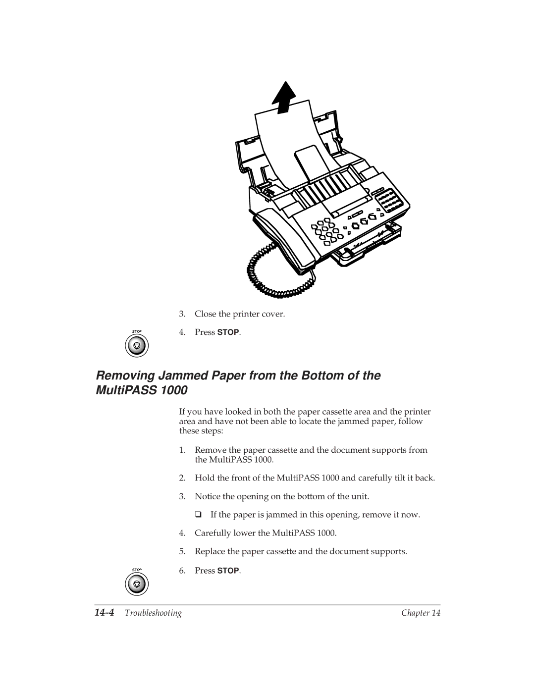 Canon MP 1000 manual Removing Jammed Paper from the Bottom of the MultiPASS, 14-4Troubleshooting 