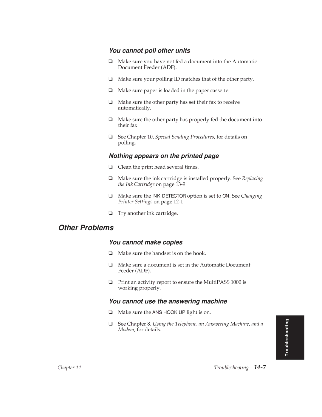 Canon MP 1000 manual Other Problems, You cannot poll other units 