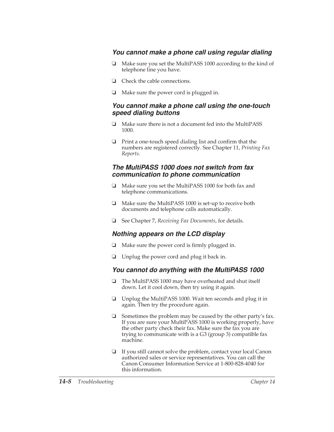 Canon MP 1000 manual You cannot make a phone call using regular dialing, 14-8Troubleshooting 