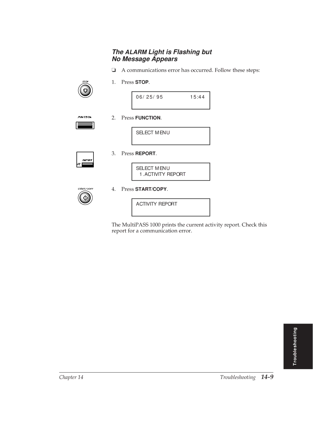 Canon MP 1000 manual Alarm Light is Flashing but No Message Appears 