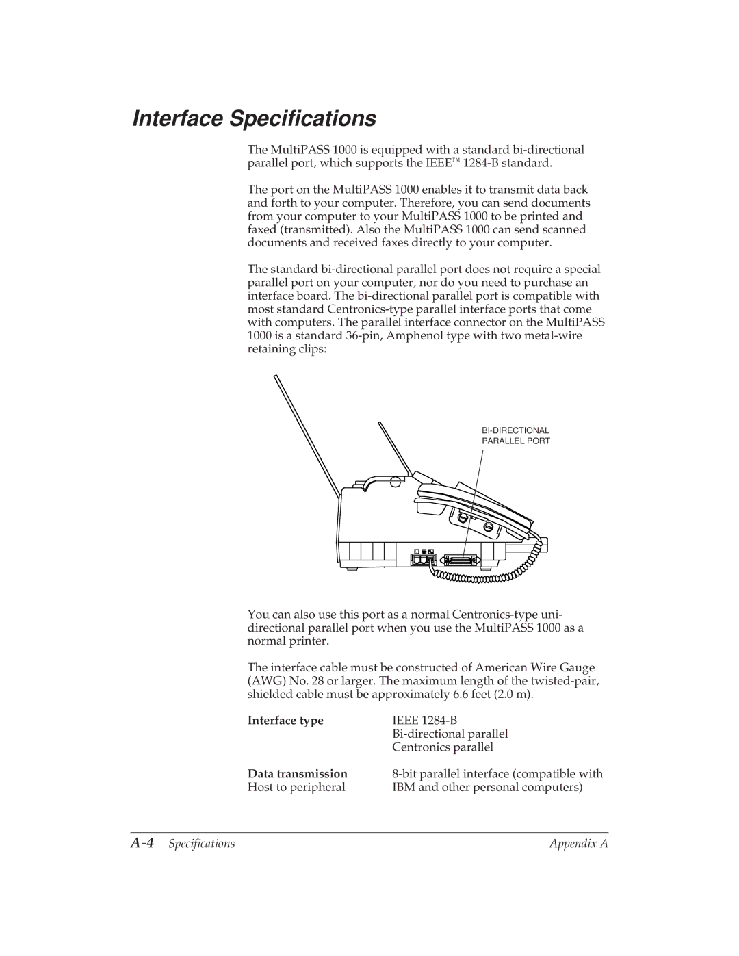 Canon MP 1000 manual Interface Specifications, Interface type, Data transmission 