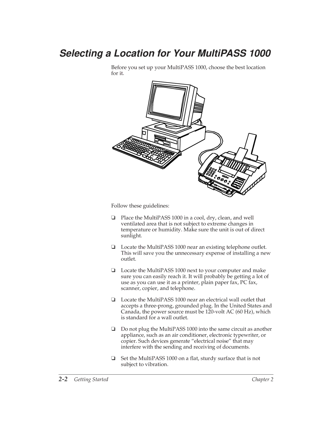 Canon MP 1000 manual Selecting a Location for Your MultiPASS, 2Getting Started 