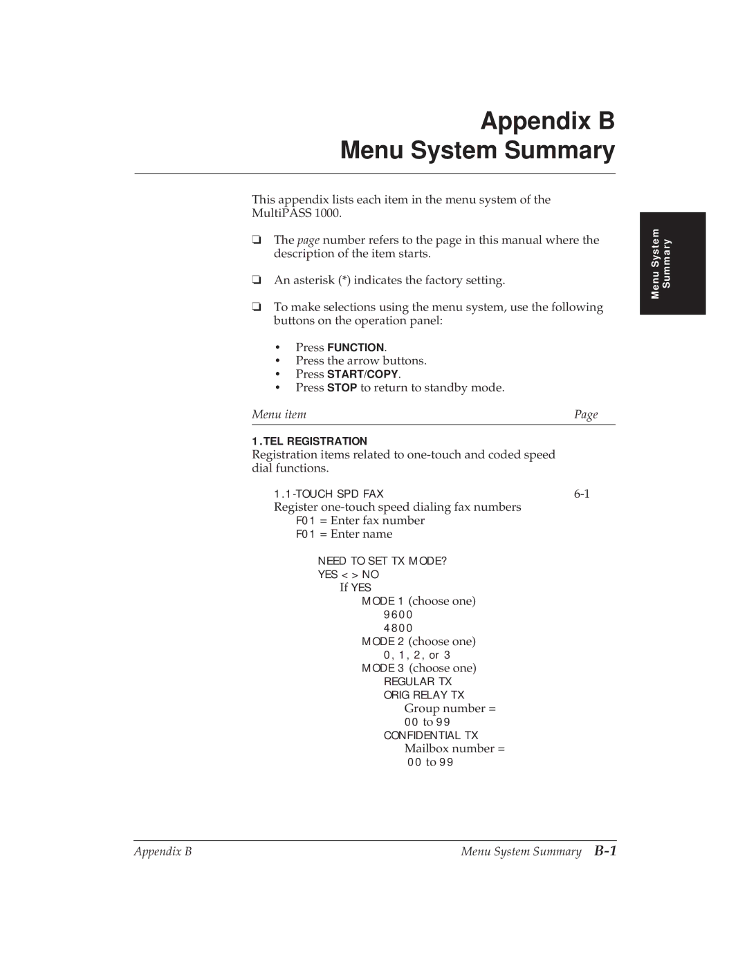 Canon MP 1000 manual Appendix B Menu System Summary 