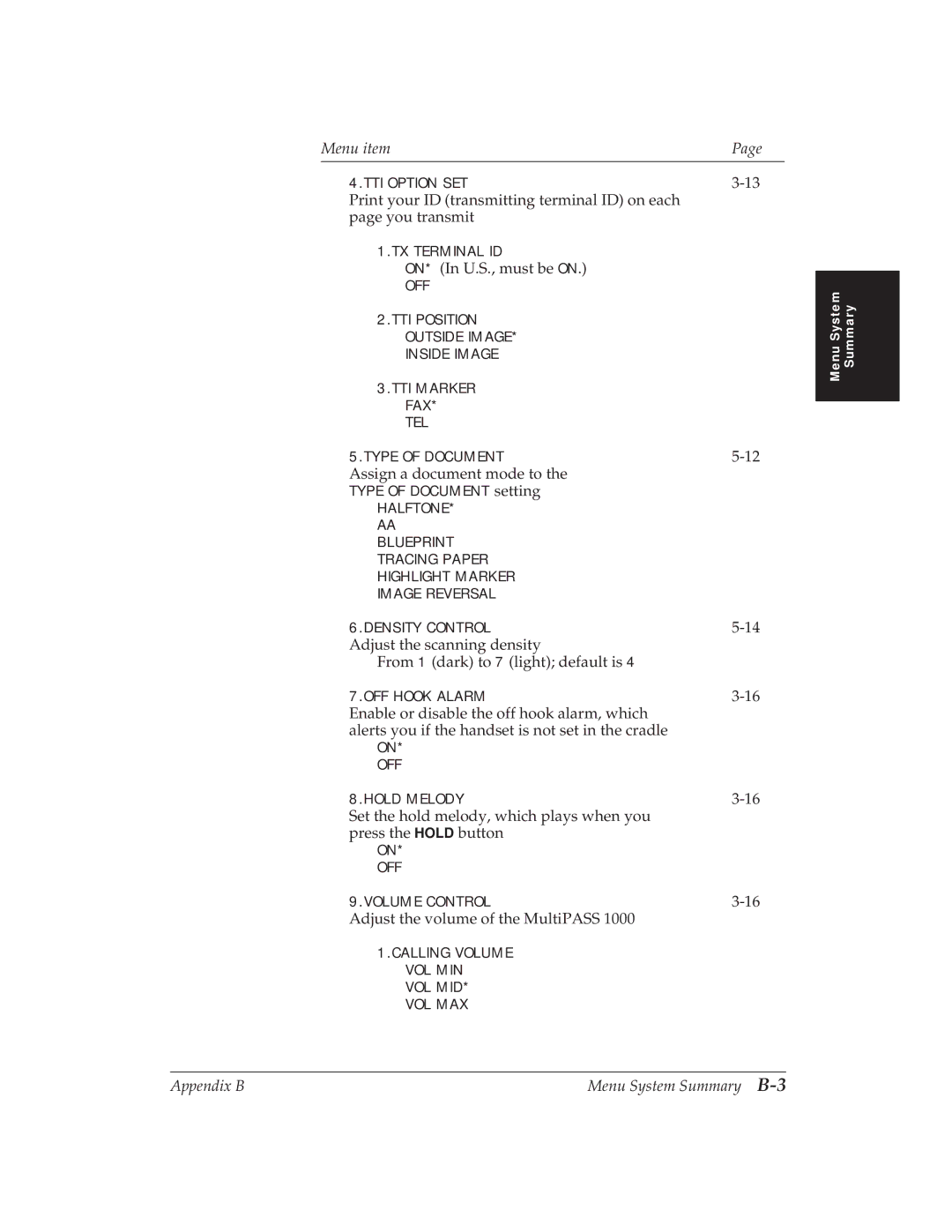 Canon MP 1000 manual Appendix B Menu System Summary B-3 