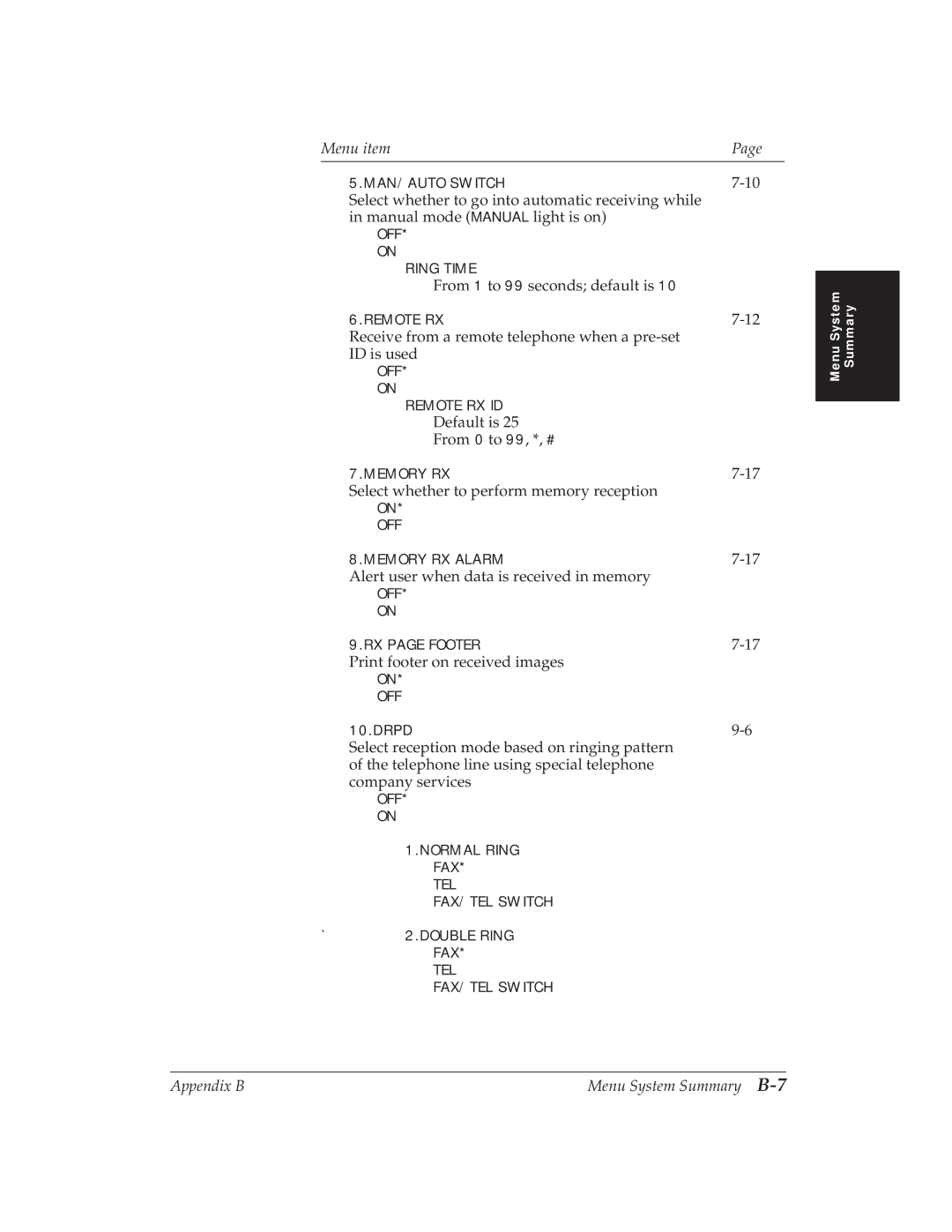 Canon MP 1000 manual Appendix B Menu System Summary B-7 