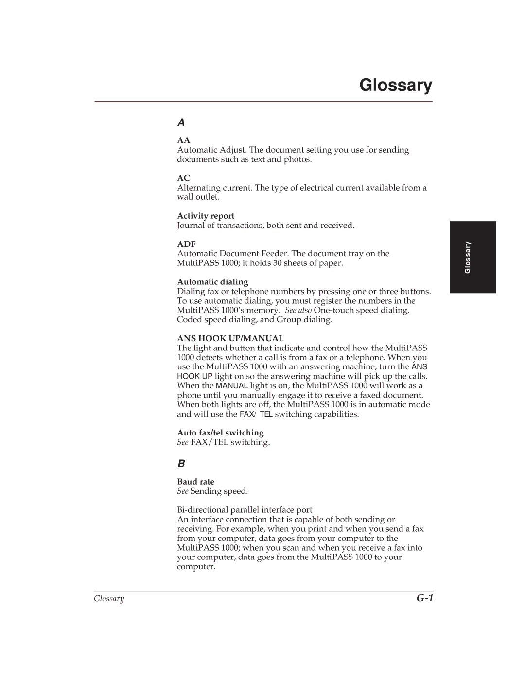 Canon MP 1000 manual Activity report, Automatic dialing, Auto fax/tel switching, Baud rate 