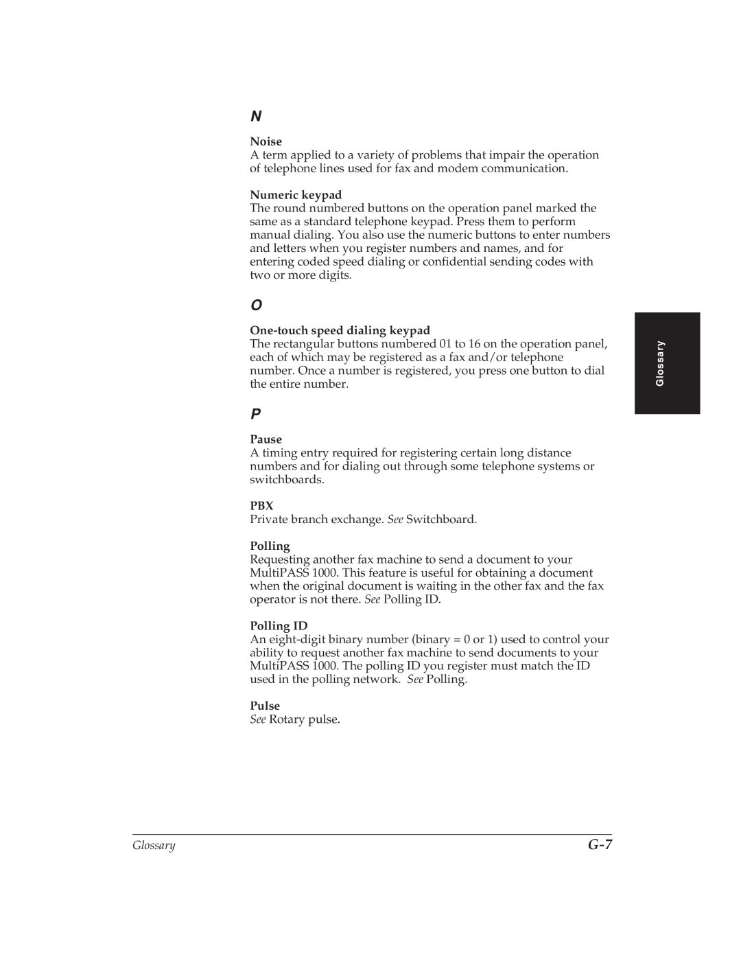 Canon MP 1000 manual Noise, Pause, Polling ID, Pulse 