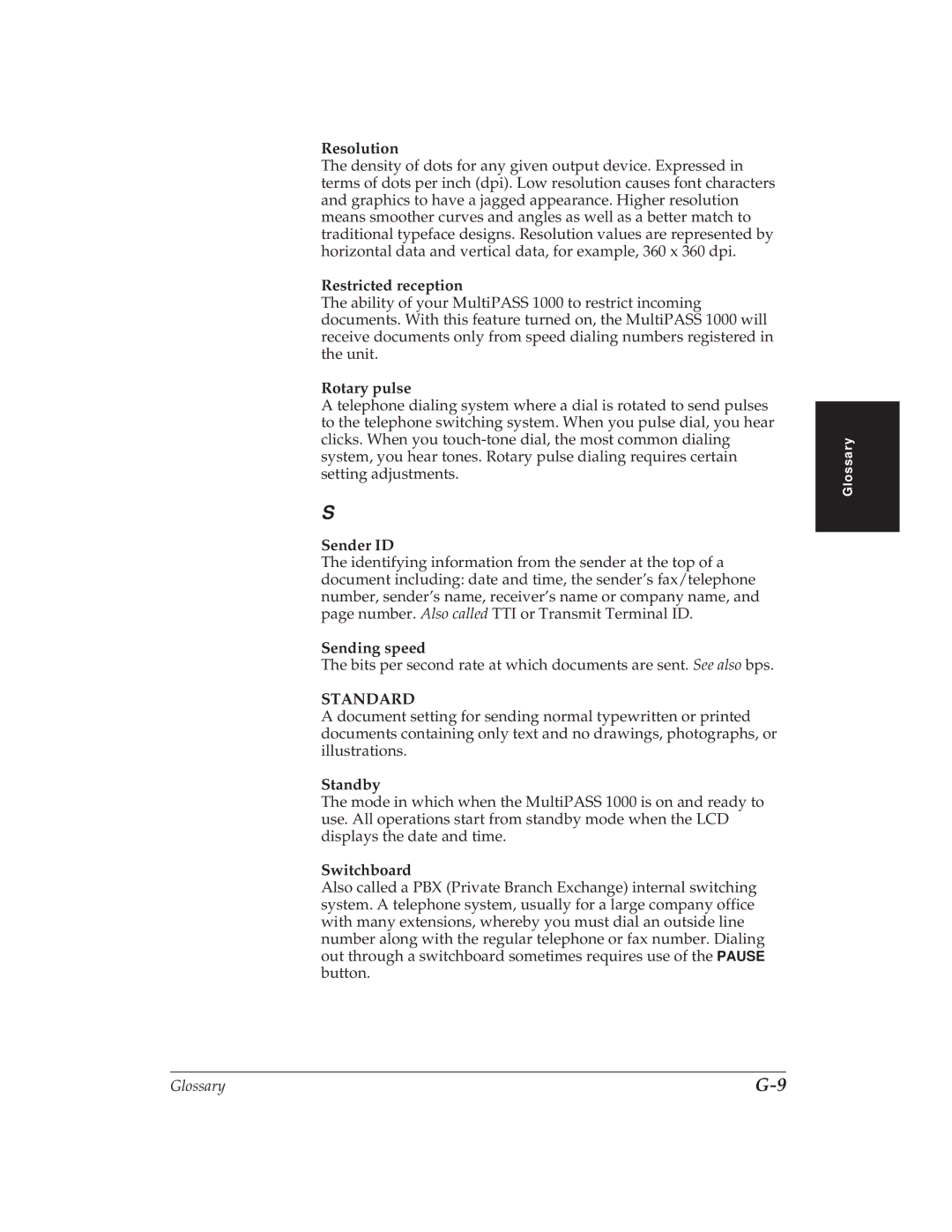 Canon MP 1000 manual Resolution, Restricted reception, Rotary pulse, Sender ID, Sending speed, Standby, Switchboard 