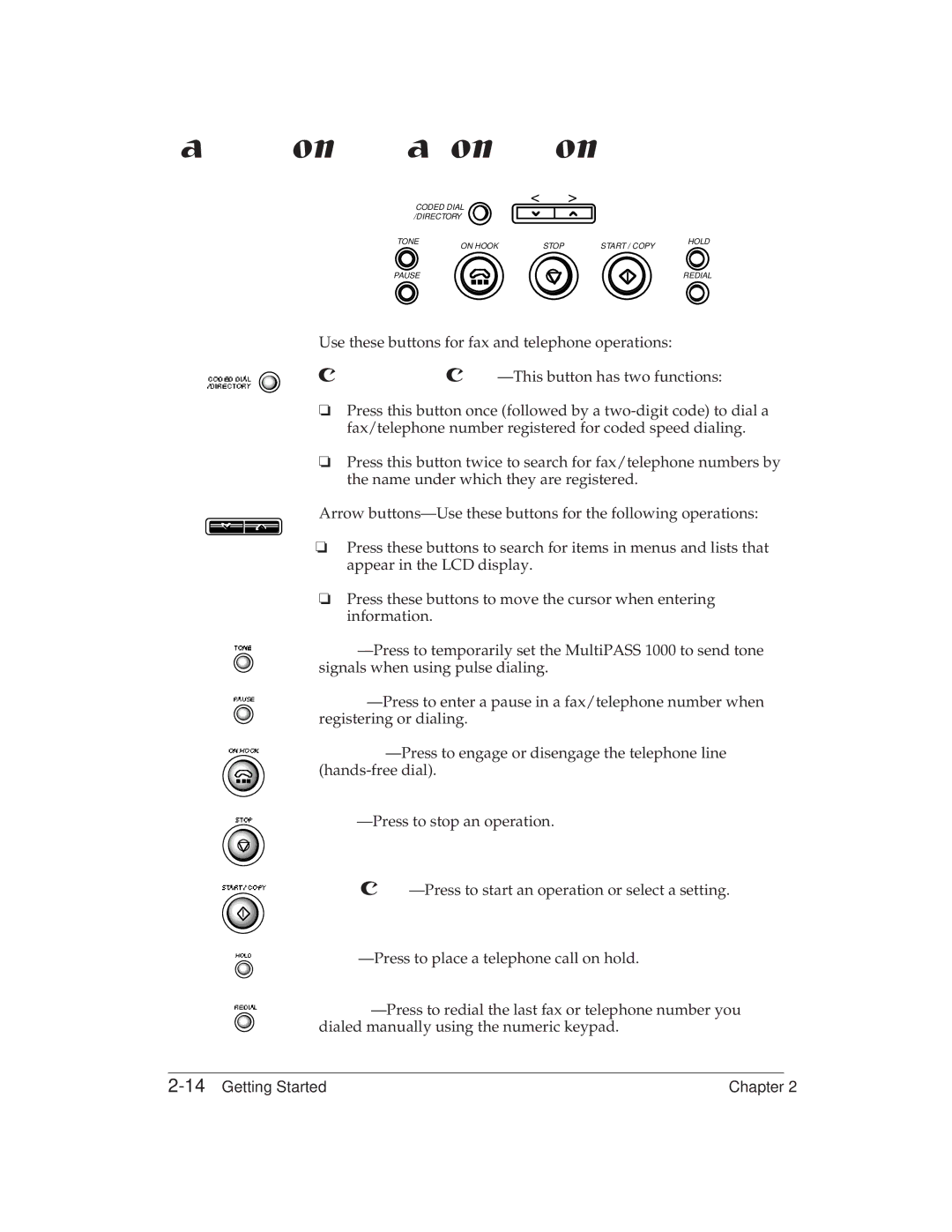 Canon MP 1000 manual Fax/Telephone Operation Buttons, 14Getting Started 