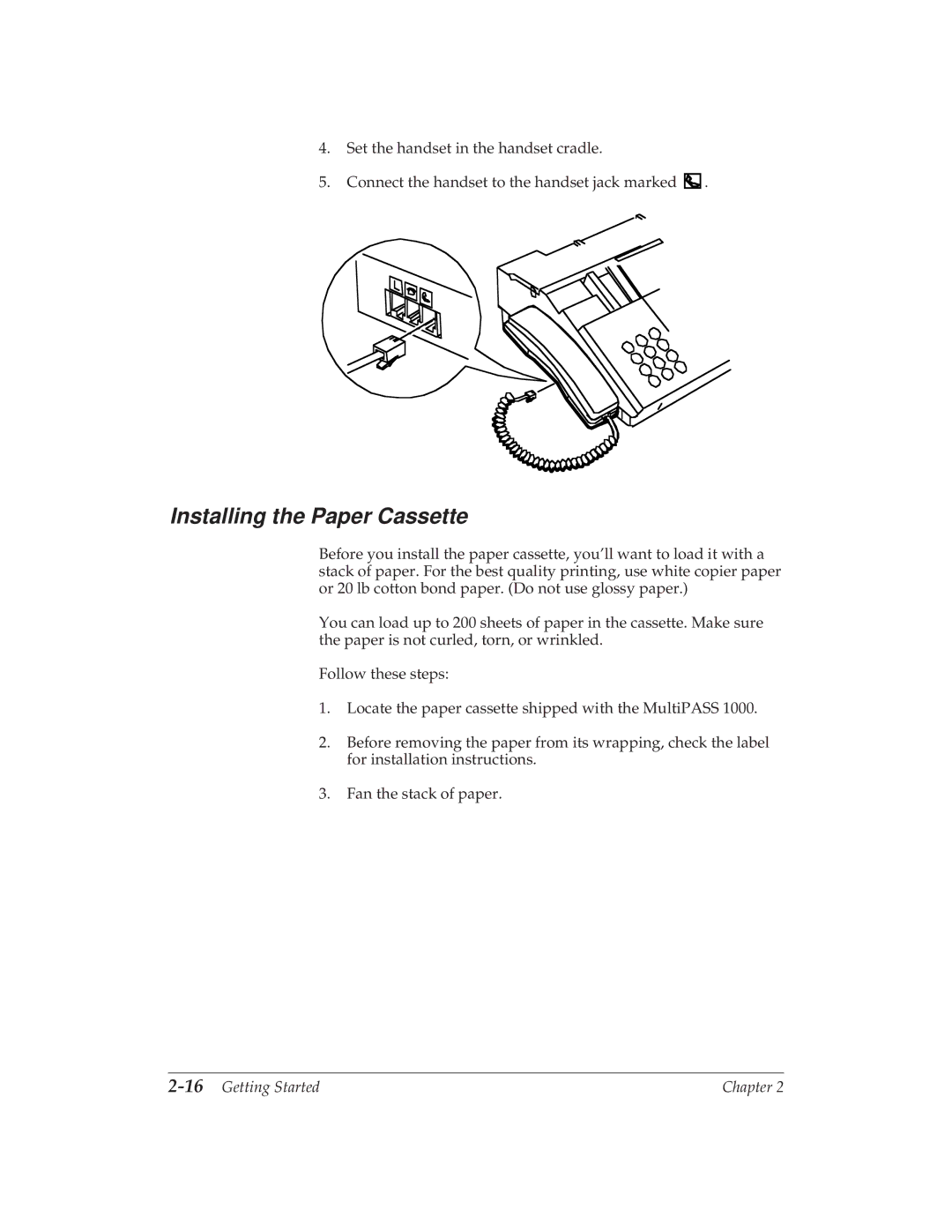 Canon MP 1000 manual Installing the Paper Cassette, 16Getting Started 