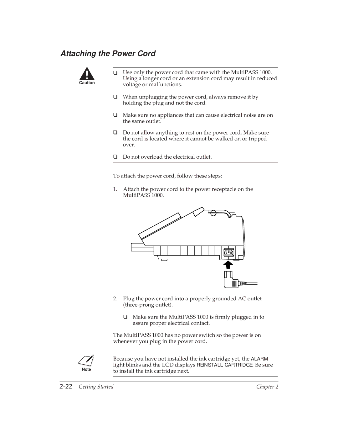 Canon MP 1000 manual Attaching the Power Cord, 22Getting Started 