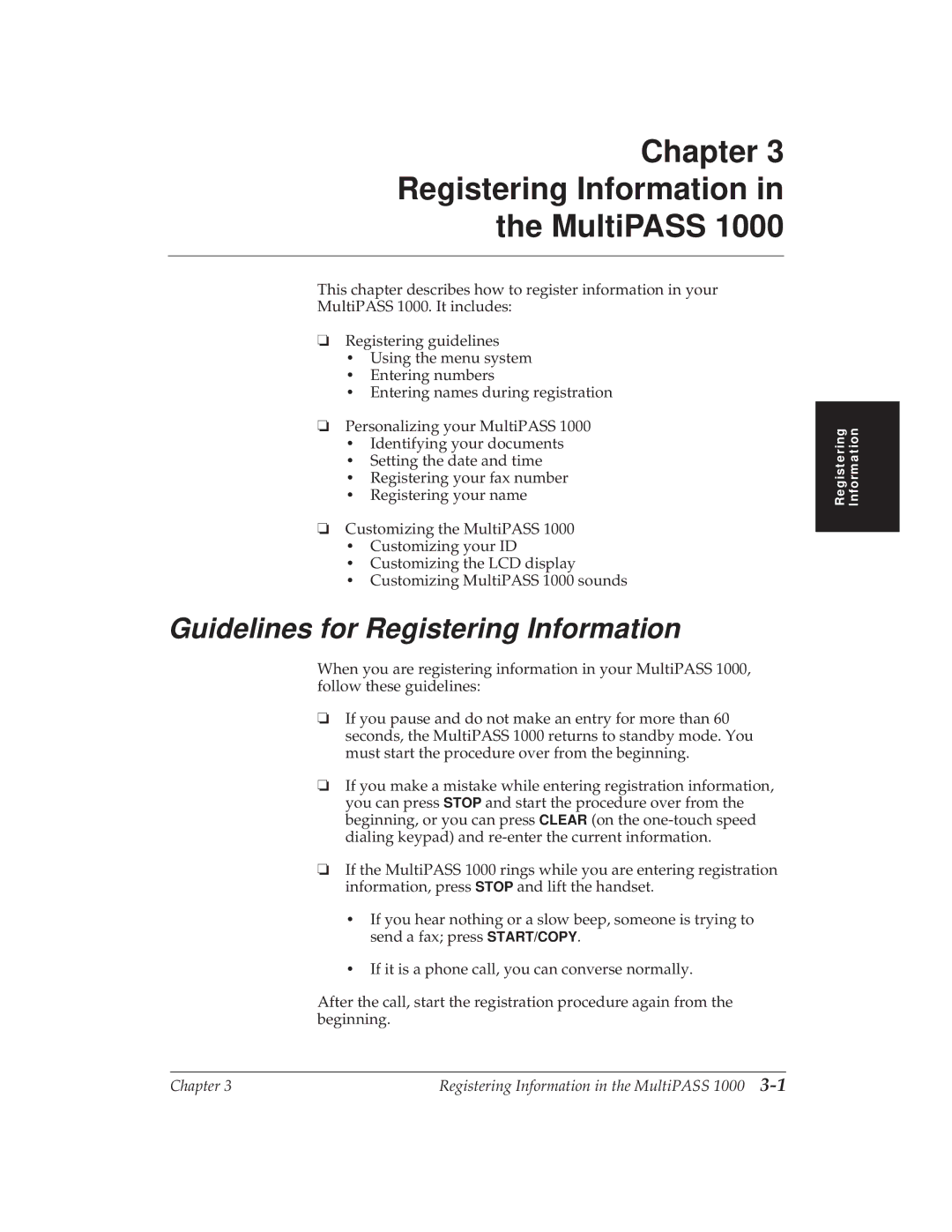 Canon MP 1000 manual Chapter Registering Information MultiPASS, Guidelines for Registering Information 