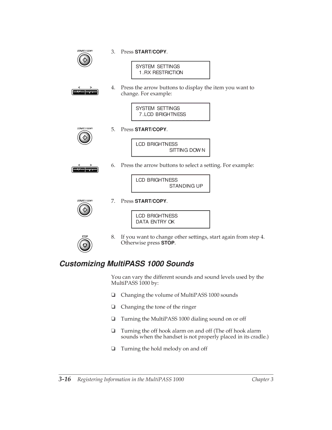 Canon MP 1000 manual Customizing MultiPASS 1000 Sounds, Press the arrow buttons to select a setting. For example 