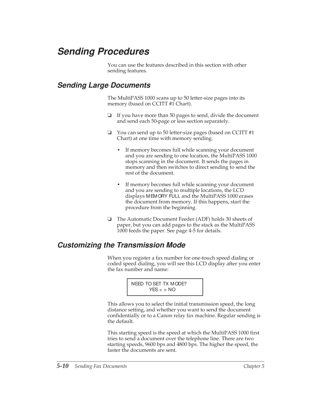 Canon MP 1000 Sending Procedures, Sending Large Documents, Customizing the Transmission Mode, 10Sending Fax Documents 