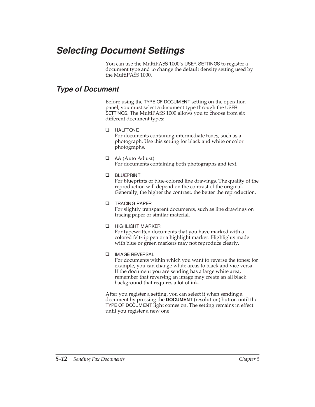 Canon MP 1000 manual Selecting Document Settings, Type of Document, 12Sending Fax Documents 