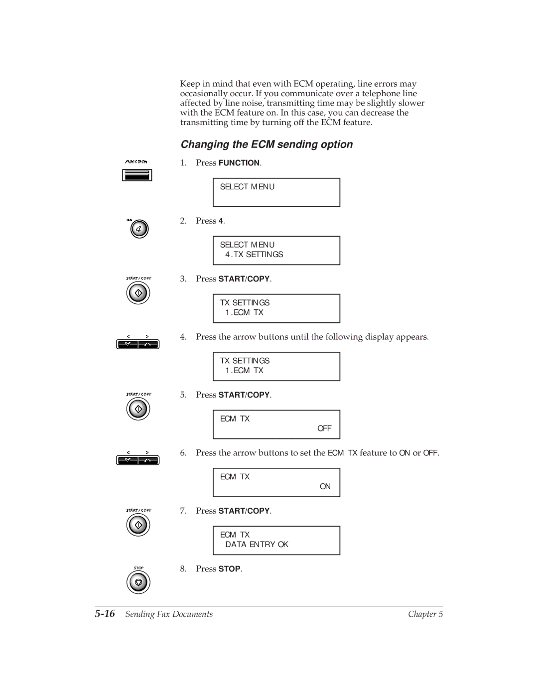 Canon MP 1000 manual Changing the ECM sending option, 16Sending Fax Documents 