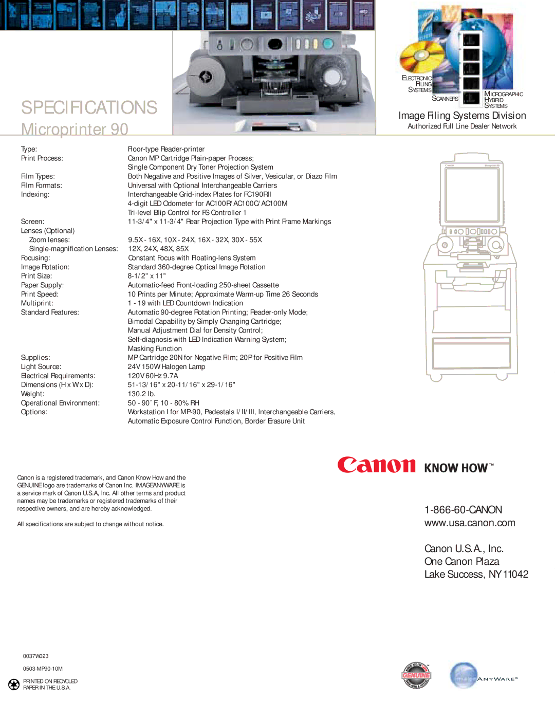 Canon MP-90 manual Specifications 